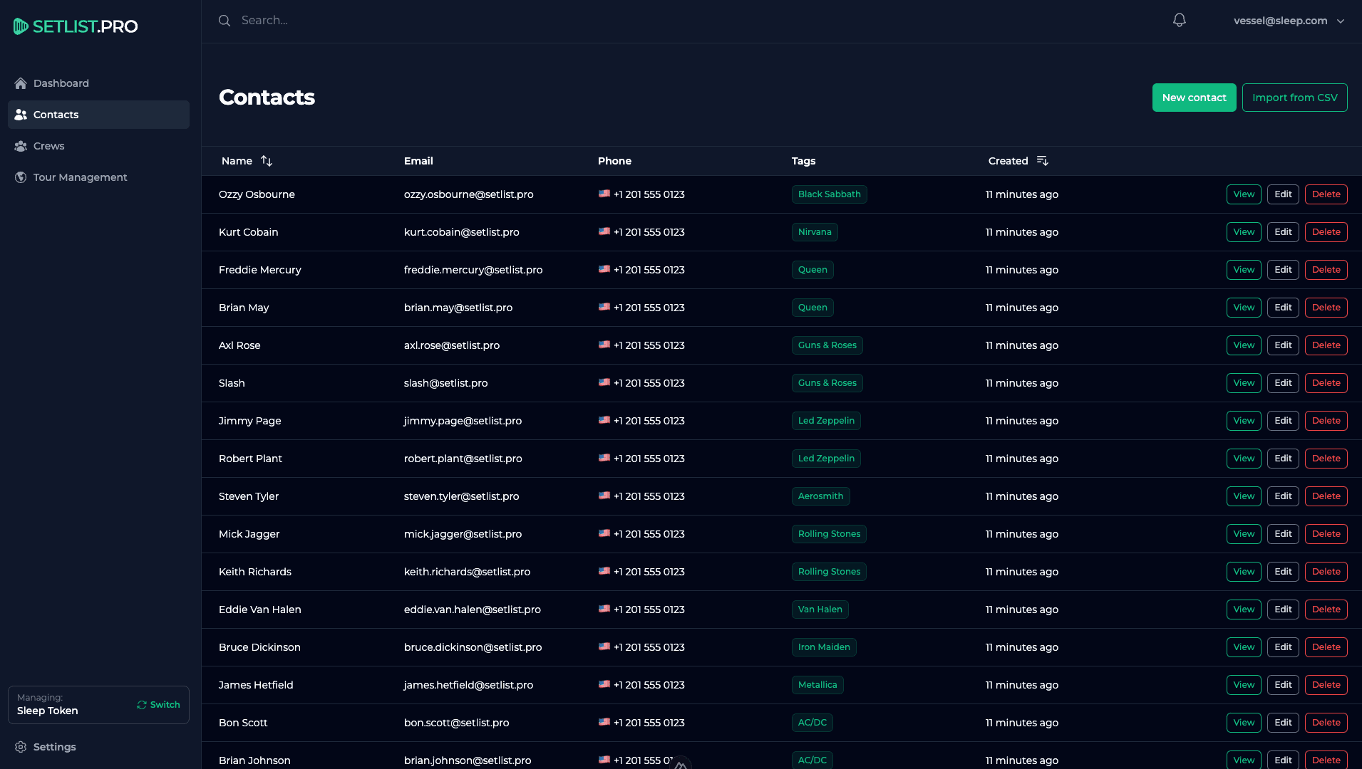 Setlist Pro contacts management interface